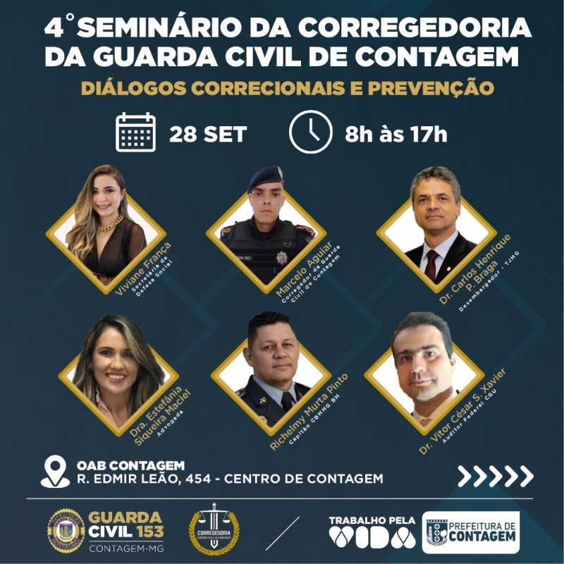 Inscrições abertas para o 4º Seminário da Corregedoria da Guarda Civil de Contagem: Diálogos Correcionais e Prevenção